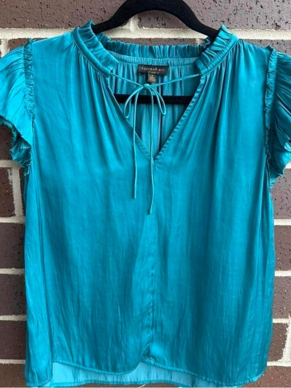 Anthropologie Teal Ruffle-Sleeve Tie Neck Top Womens Small